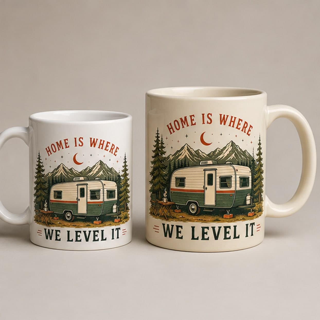 RV camping ceramic mugs in 11 oz white and 15 oz cream