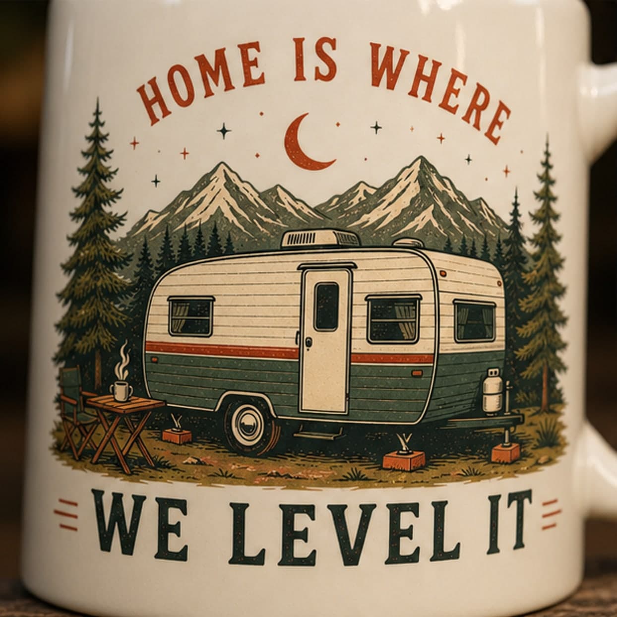 Close-up of original leveled travel trailer mug artwork