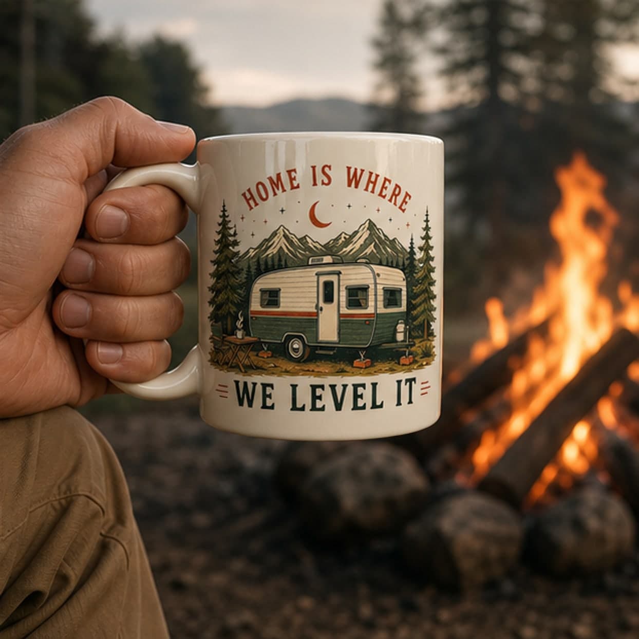 Camper holding an RV coffee mug beside a morning campfire