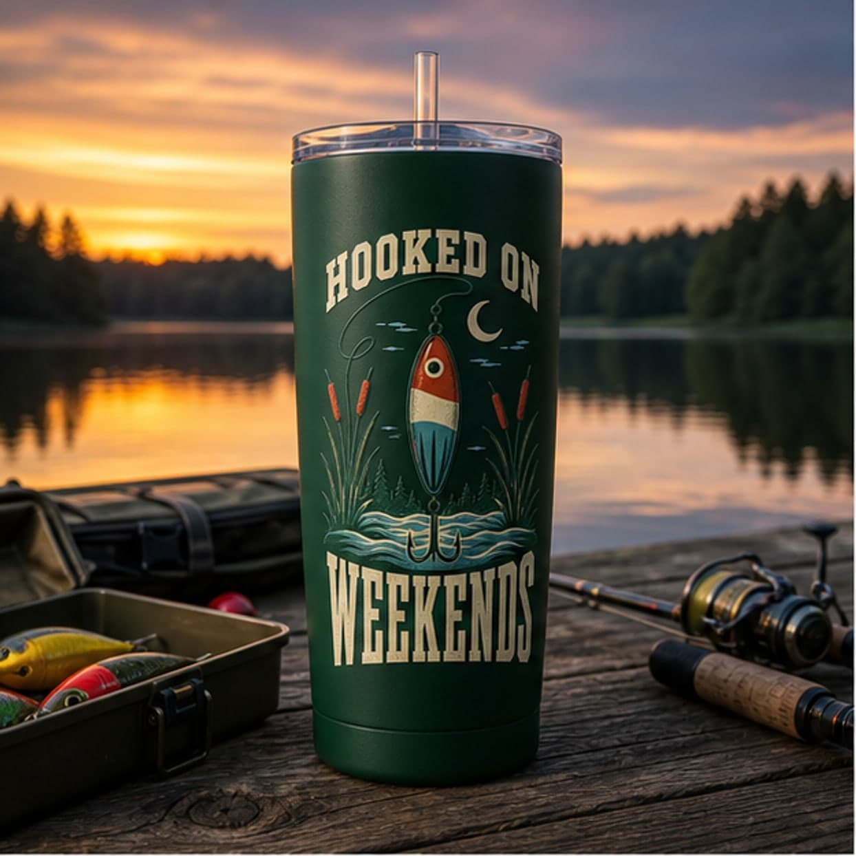 Hooked On Weekends fishing tumbler beside a lake at dusk