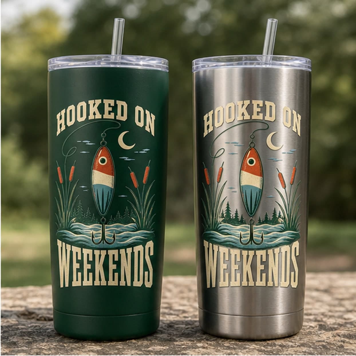 Forest green and stainless 20 oz fishing tumblers