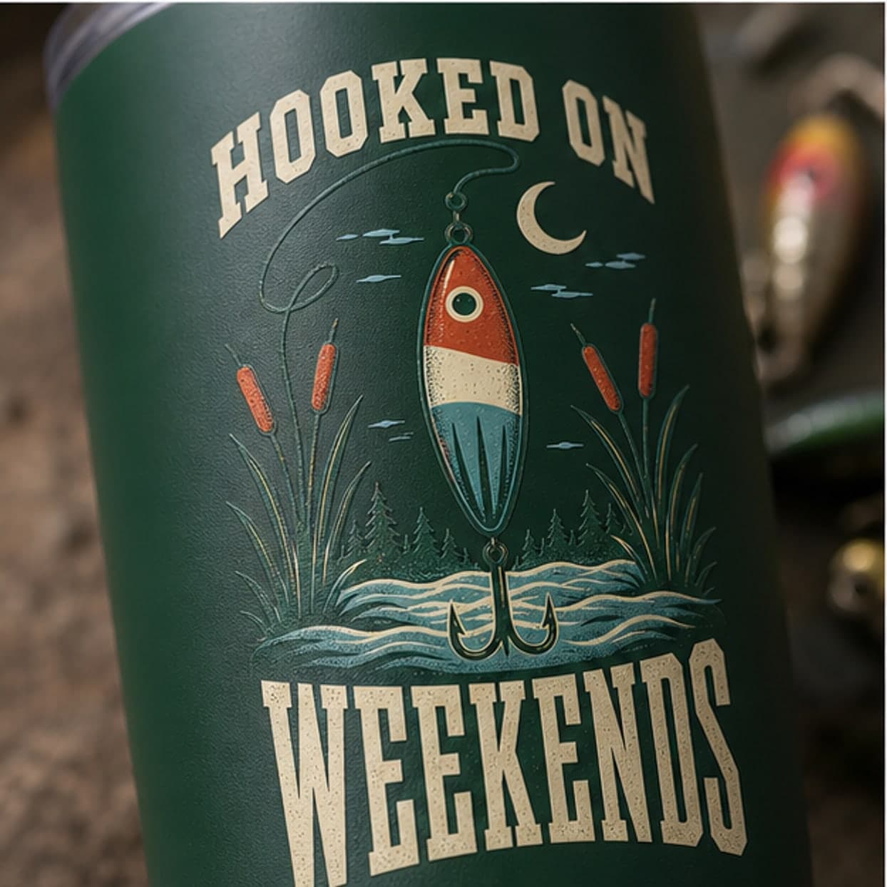Close-up of vintage fishing lure tumbler artwork