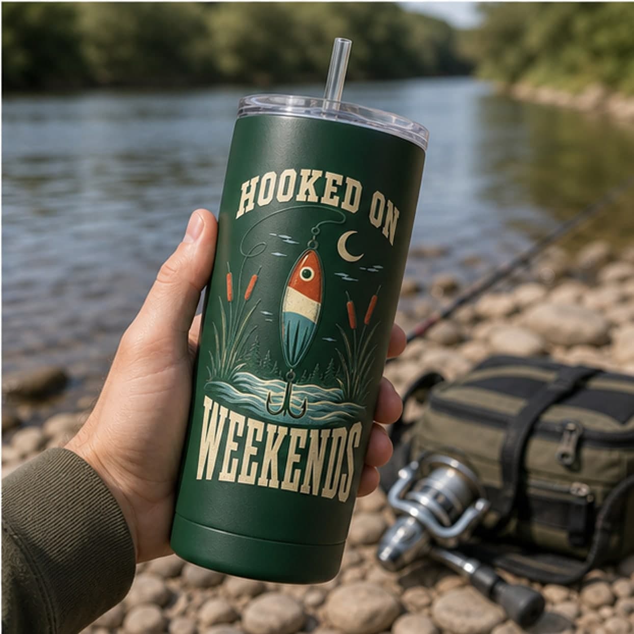 Fishing tumbler held beside a quiet riverbank