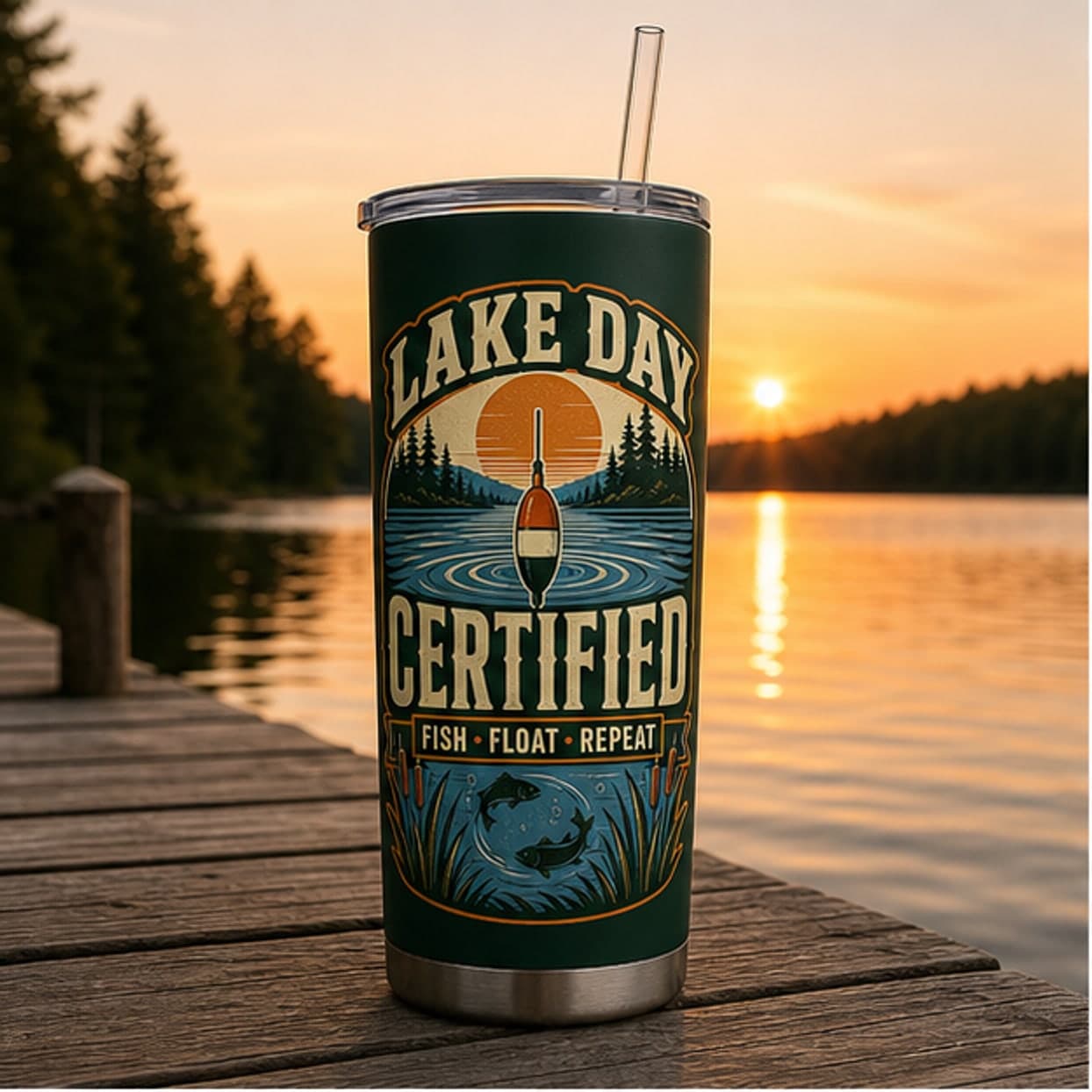 Lake Day Certified fishing tumbler on a sunset dock