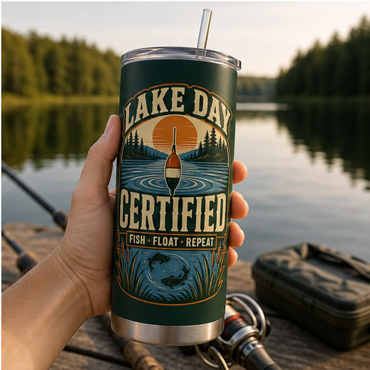 Lake Day Certified tumbler held beside calm water