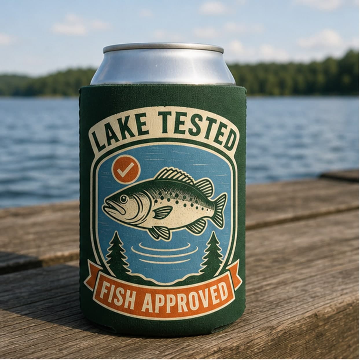 Lake Tested Fish Approved can cooler on a dock