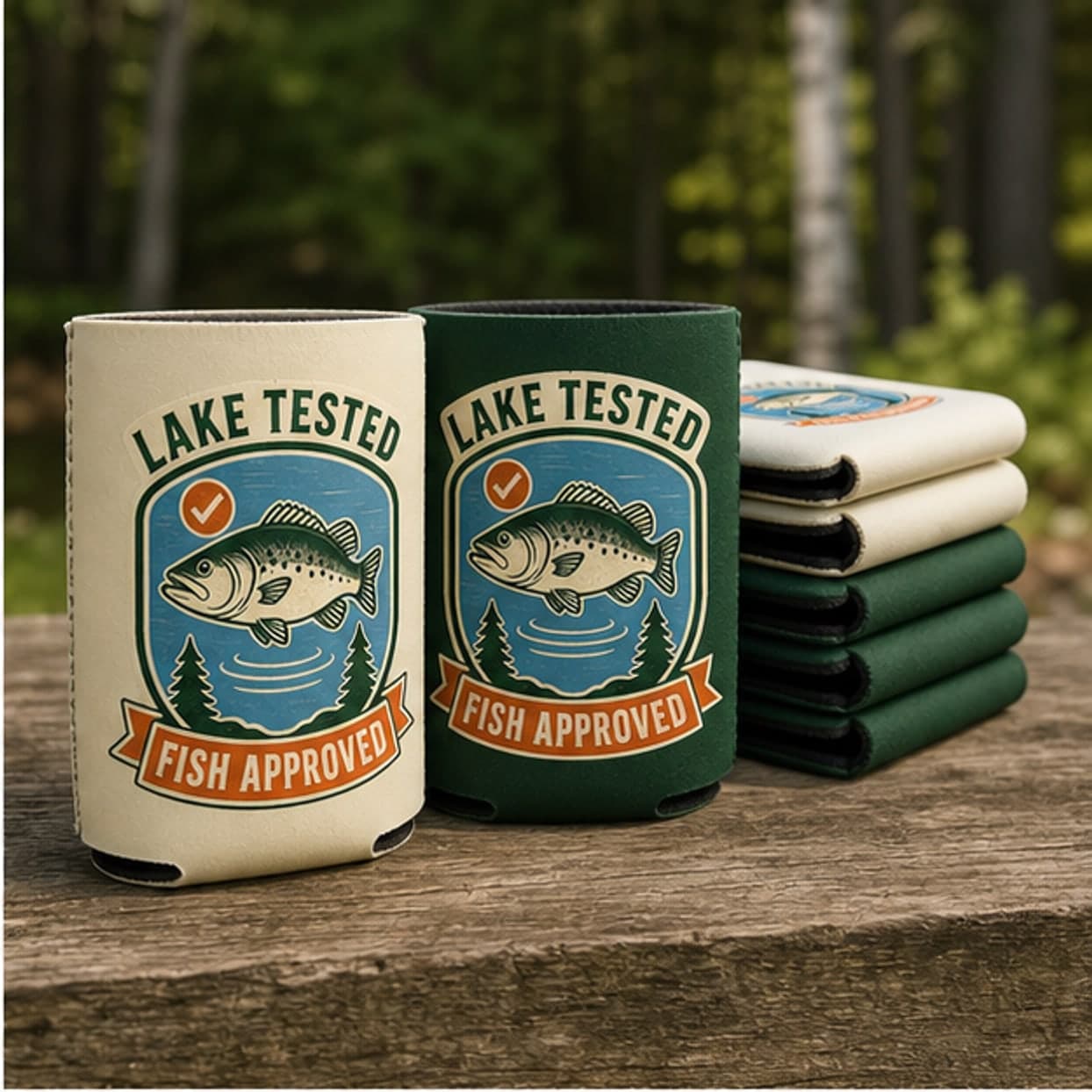 Warm cream and forest green fishing can cooler pack options
