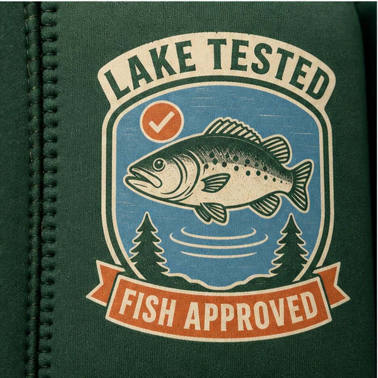 Close-up of original fish approval badge on neoprene