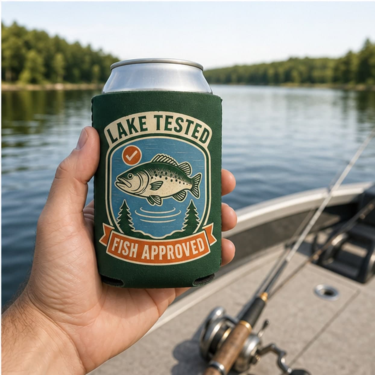 Fishing can cooler held on a calm lake boat