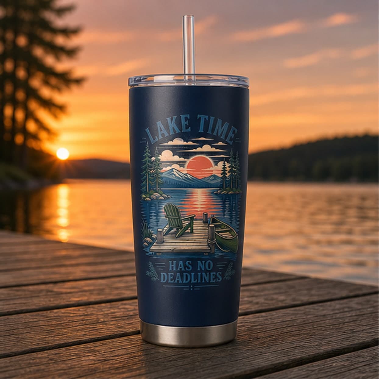 Lake Time Has No Deadlines tumbler on a dock at sunset