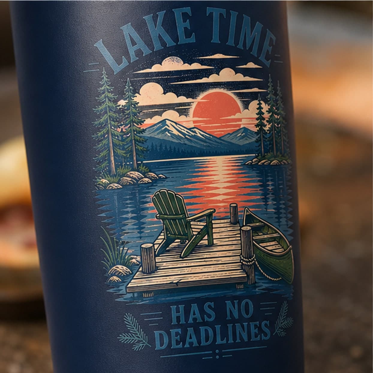 Close-up of original lake sunset tumbler artwork