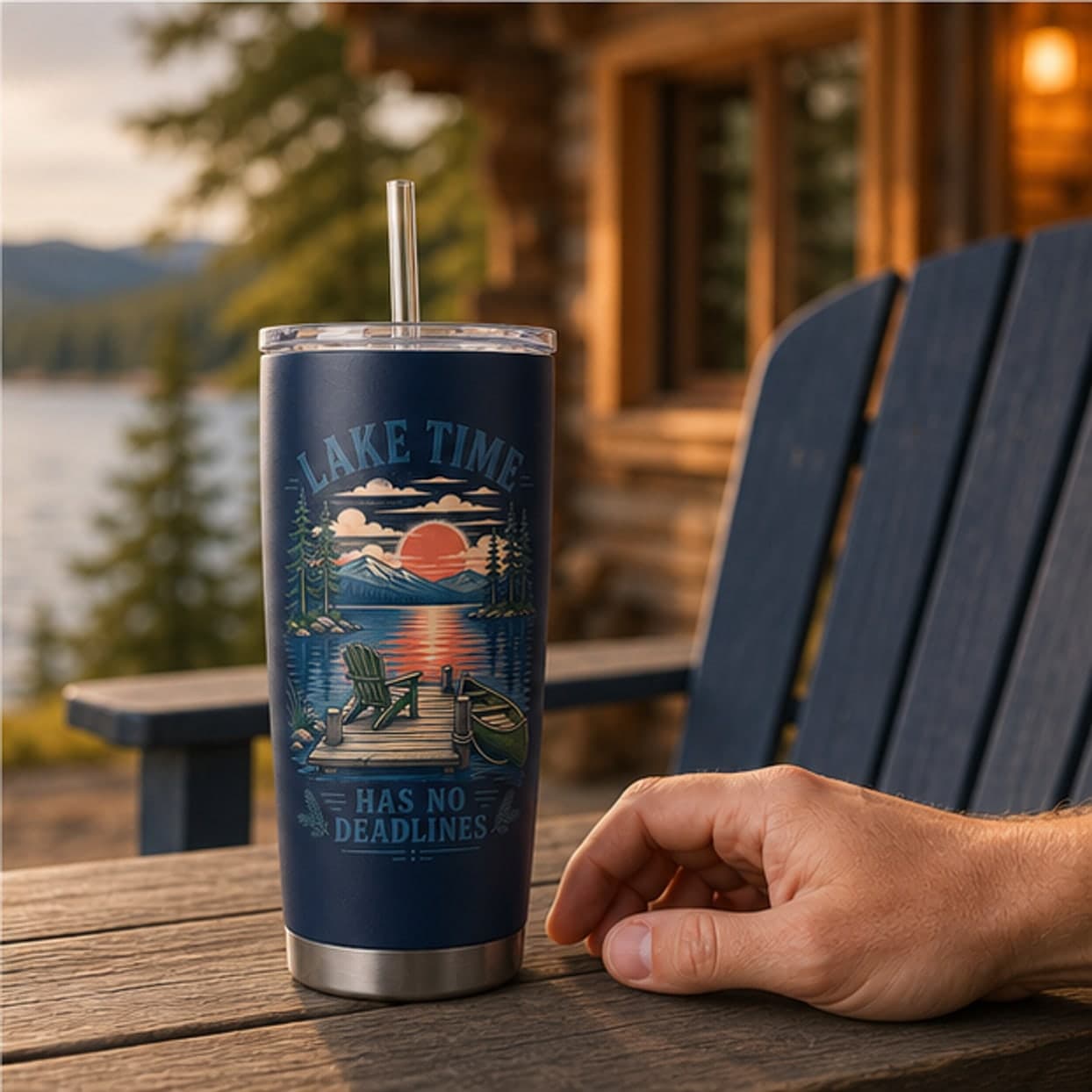 Lake life tumbler beside an Adirondack chair at a cabin