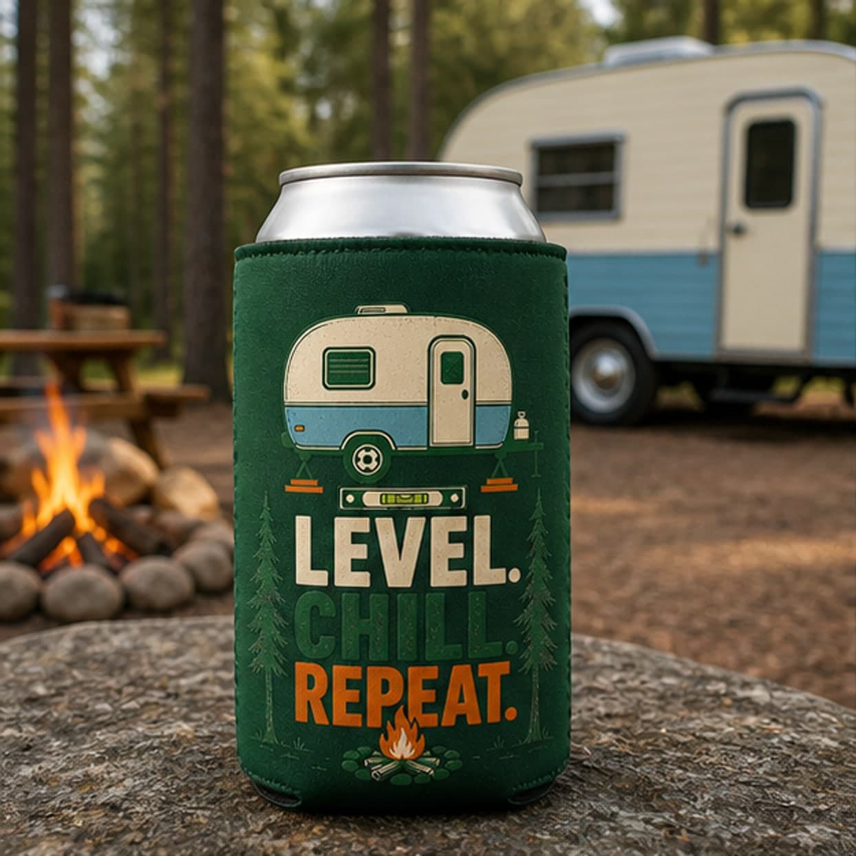 Level Chill Repeat can cooler at a trailer campsite