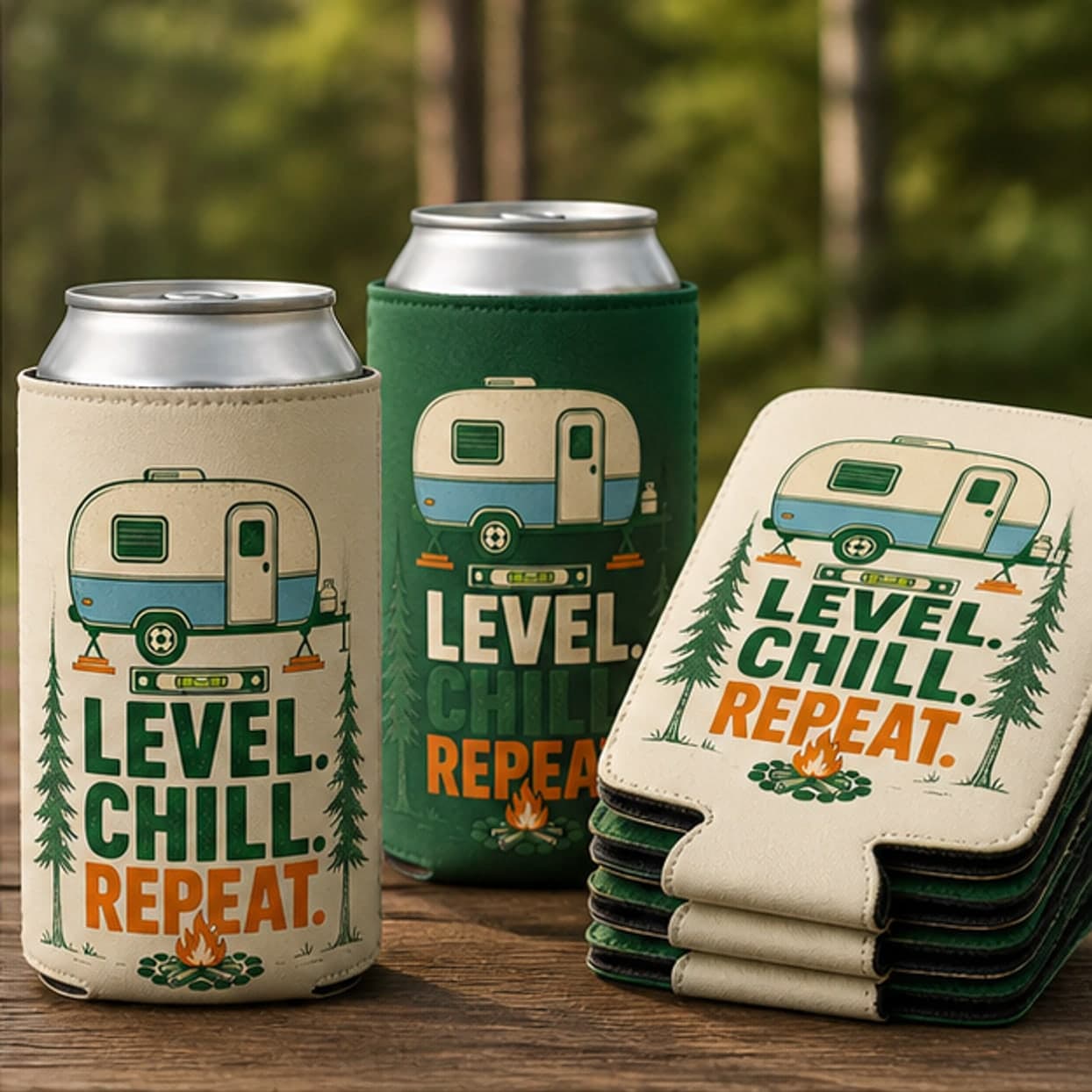 Warm cream and forest green RV can cooler pack options