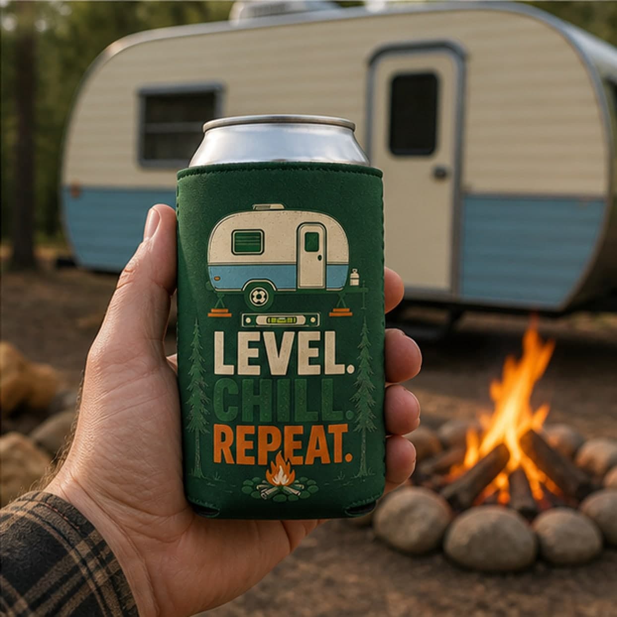 RV camping can cooler held beside a travel trailer