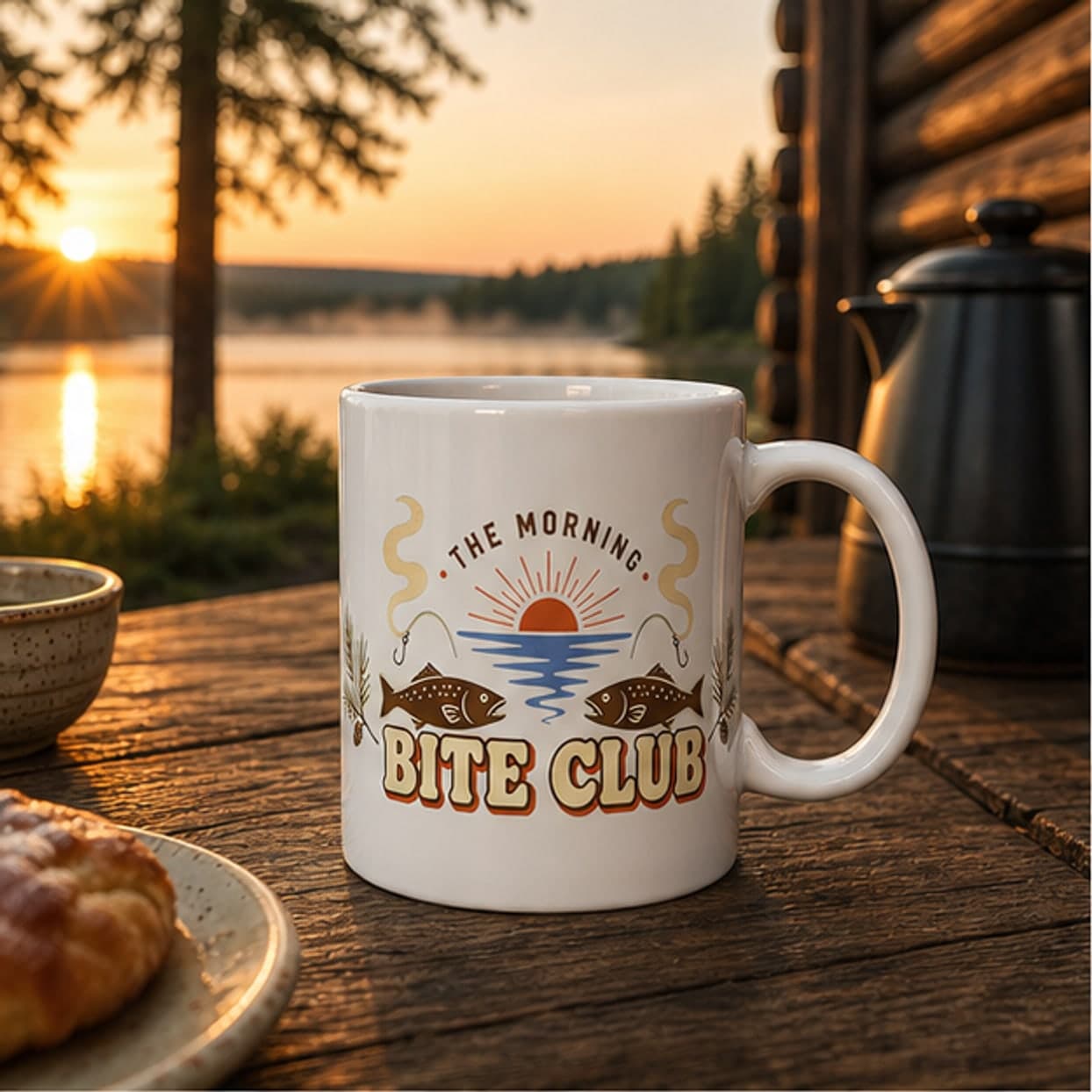The Morning Bite Club fishing mug at a sunrise lake cabin