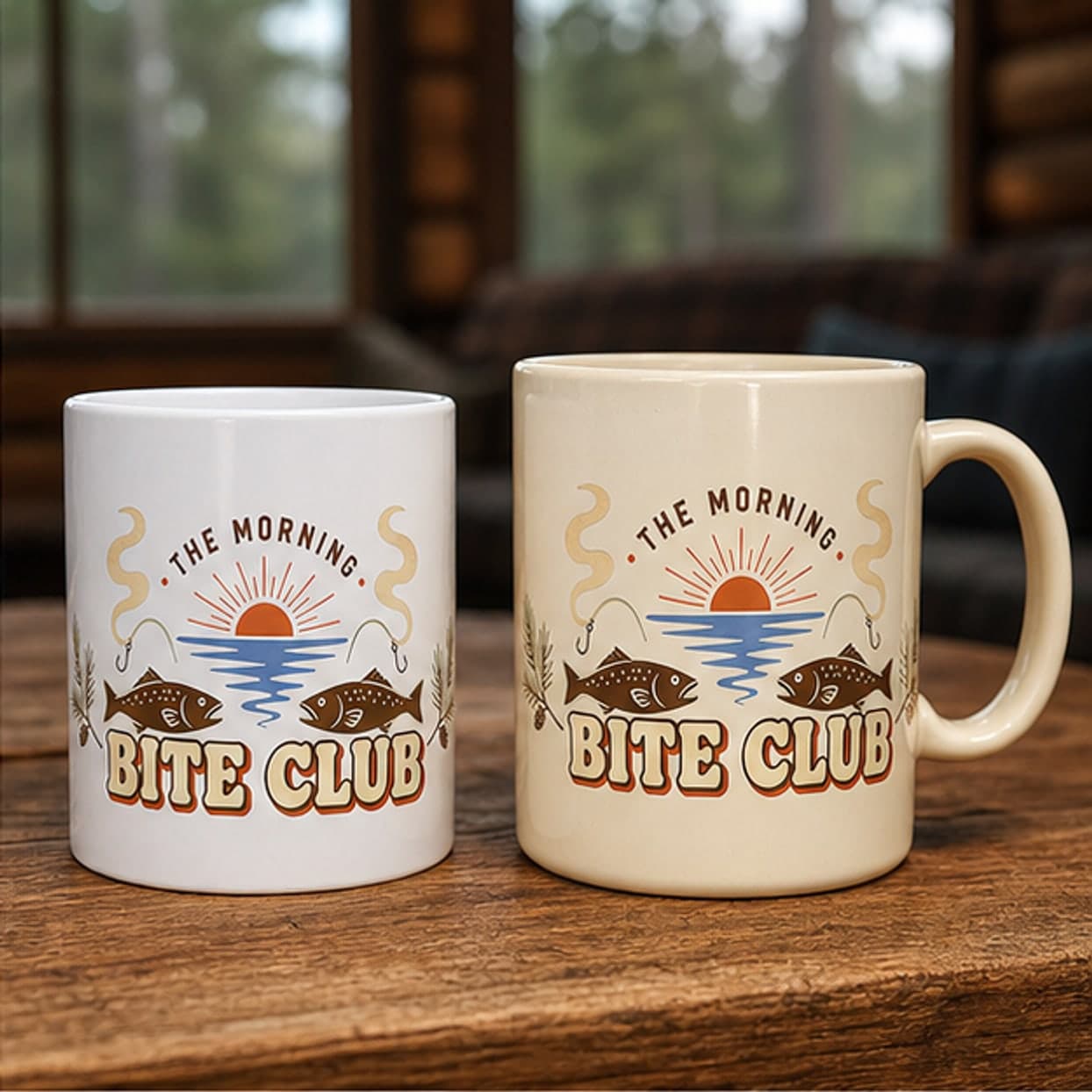 White 11 oz and warm cream 15 oz fishing coffee mugs