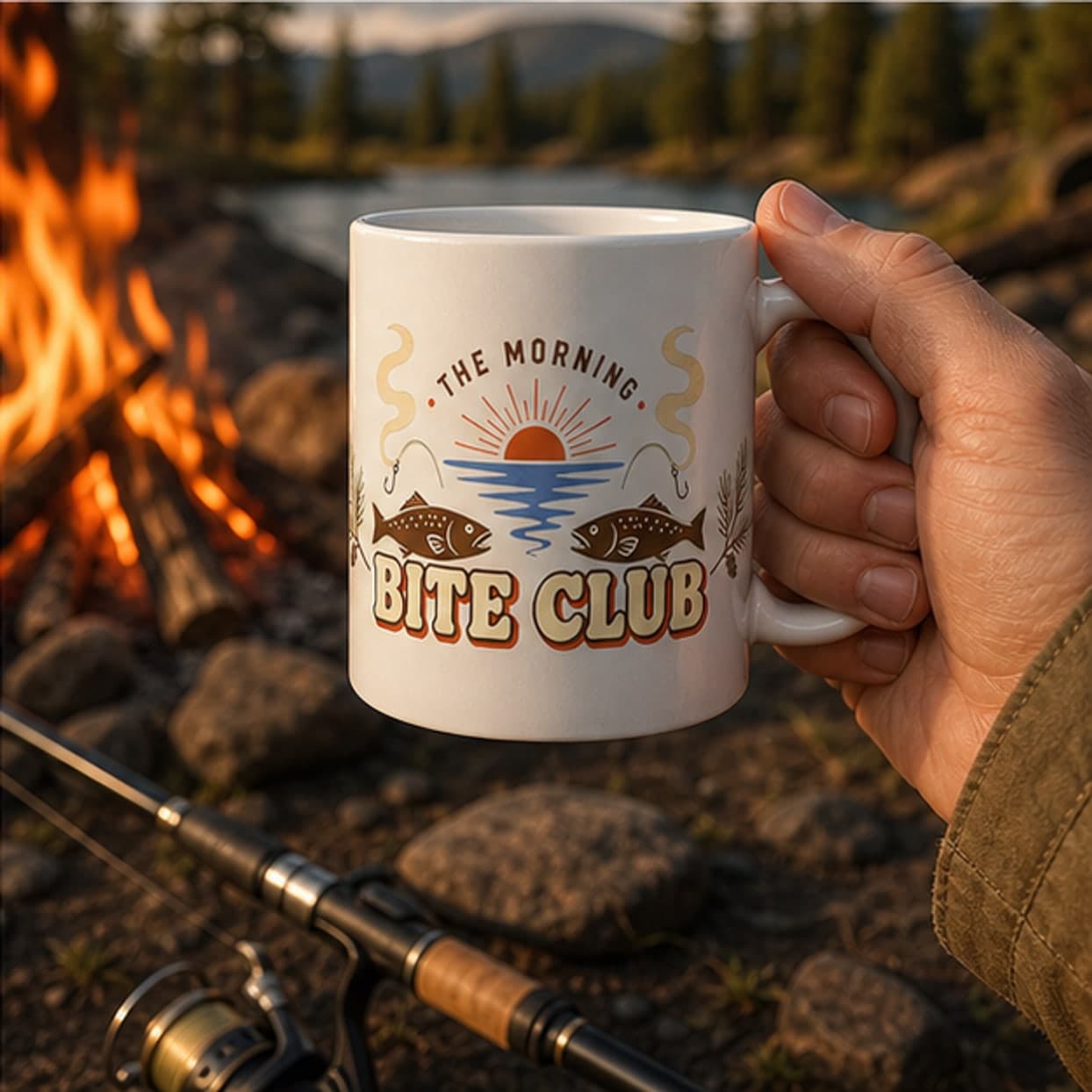 Fishing coffee mug held beside a morning campfire