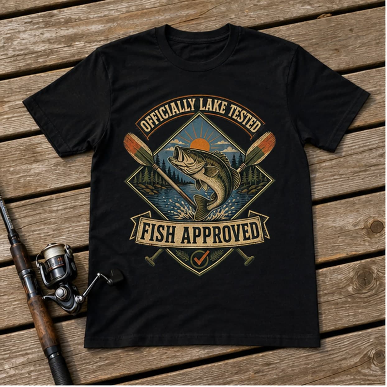 Officially Lake Tested fishing T-shirt on dock boards