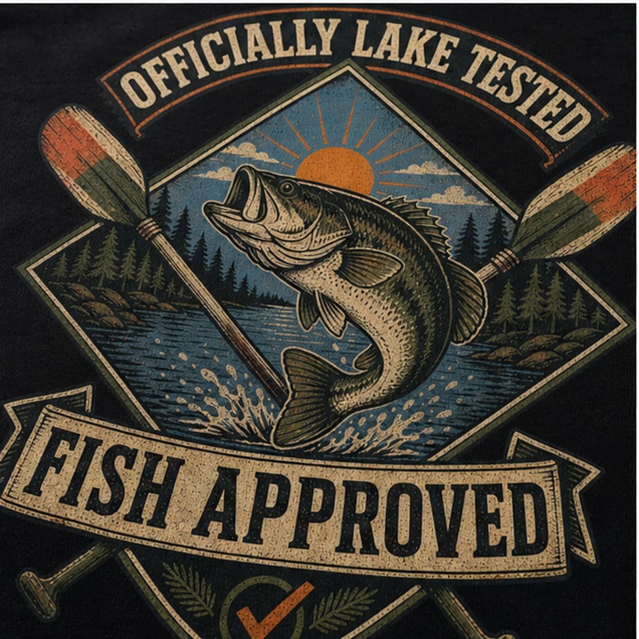 Close-up of original bass lake crest screen print