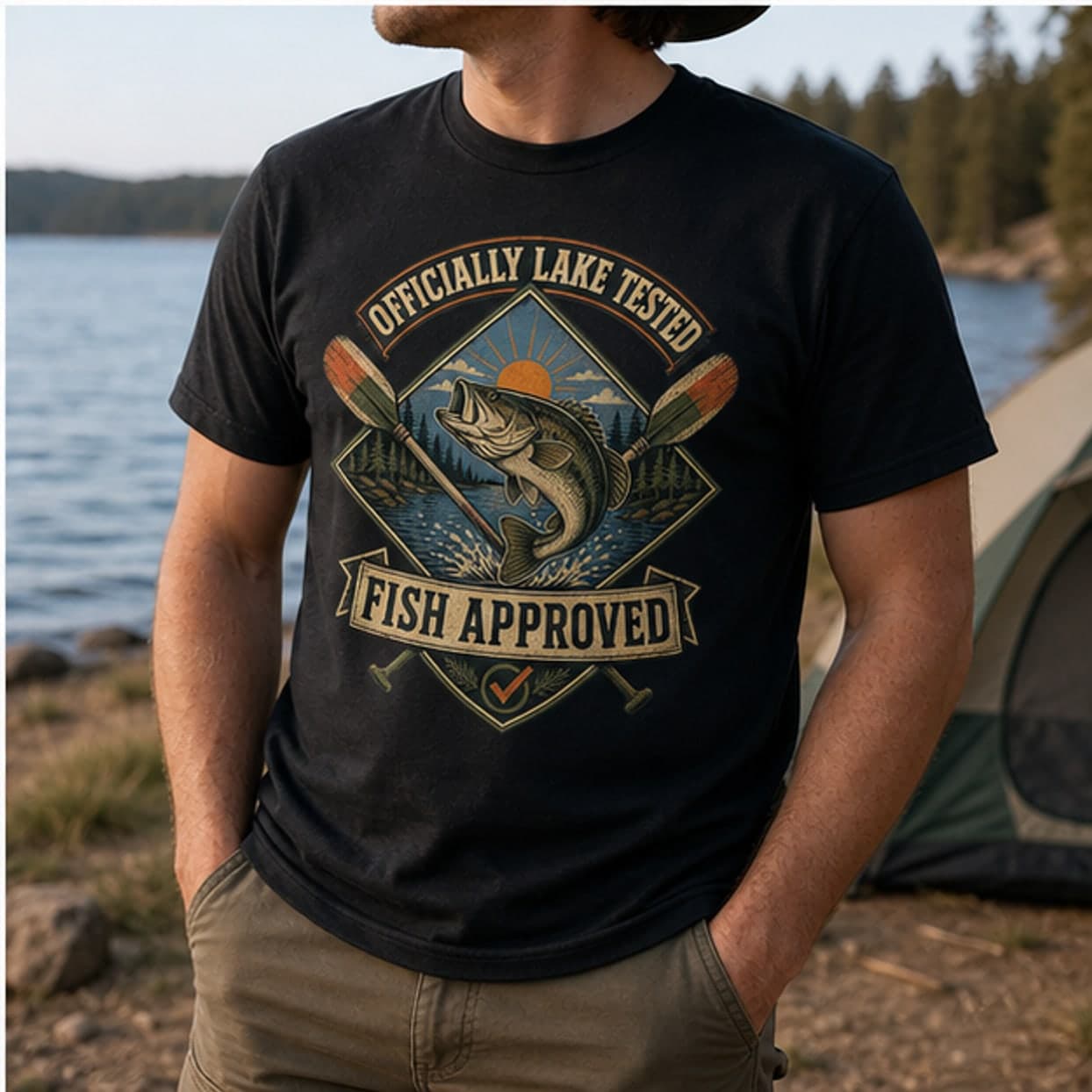 Angler wearing Officially Lake Tested shirt at camp