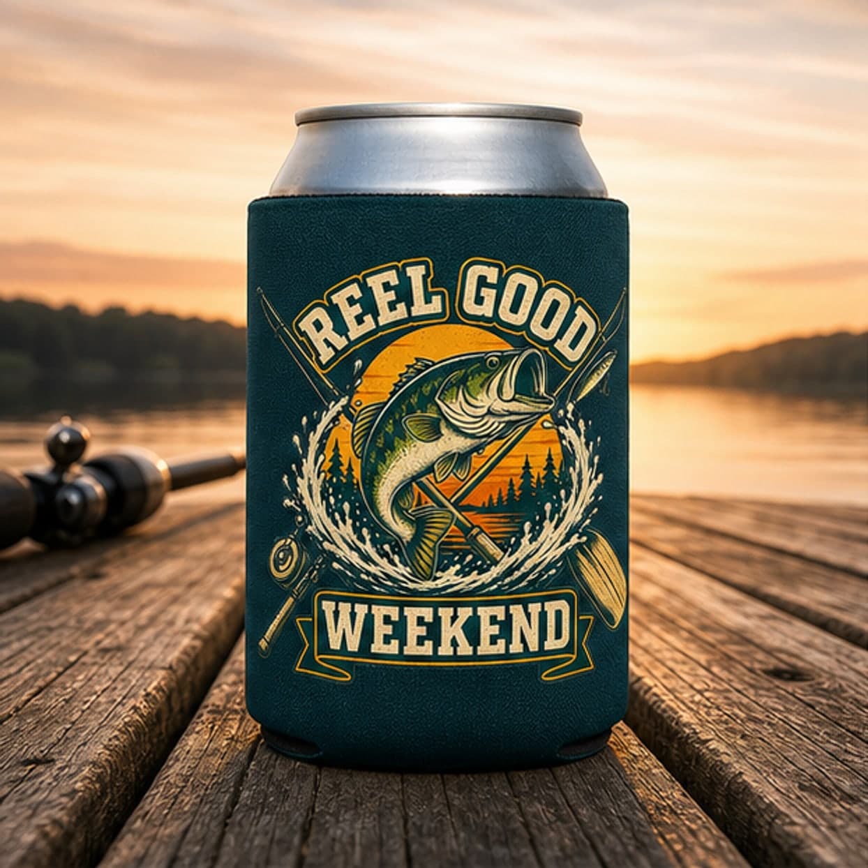 Reel Good Weekend fishing can cooler on a lakeside dock