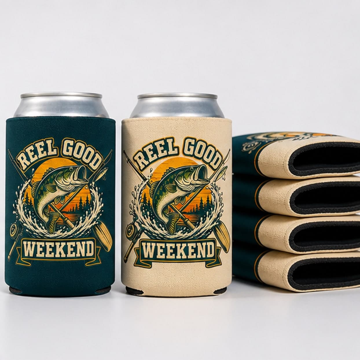 Dark teal and warm cream fishing can coolers with pack options