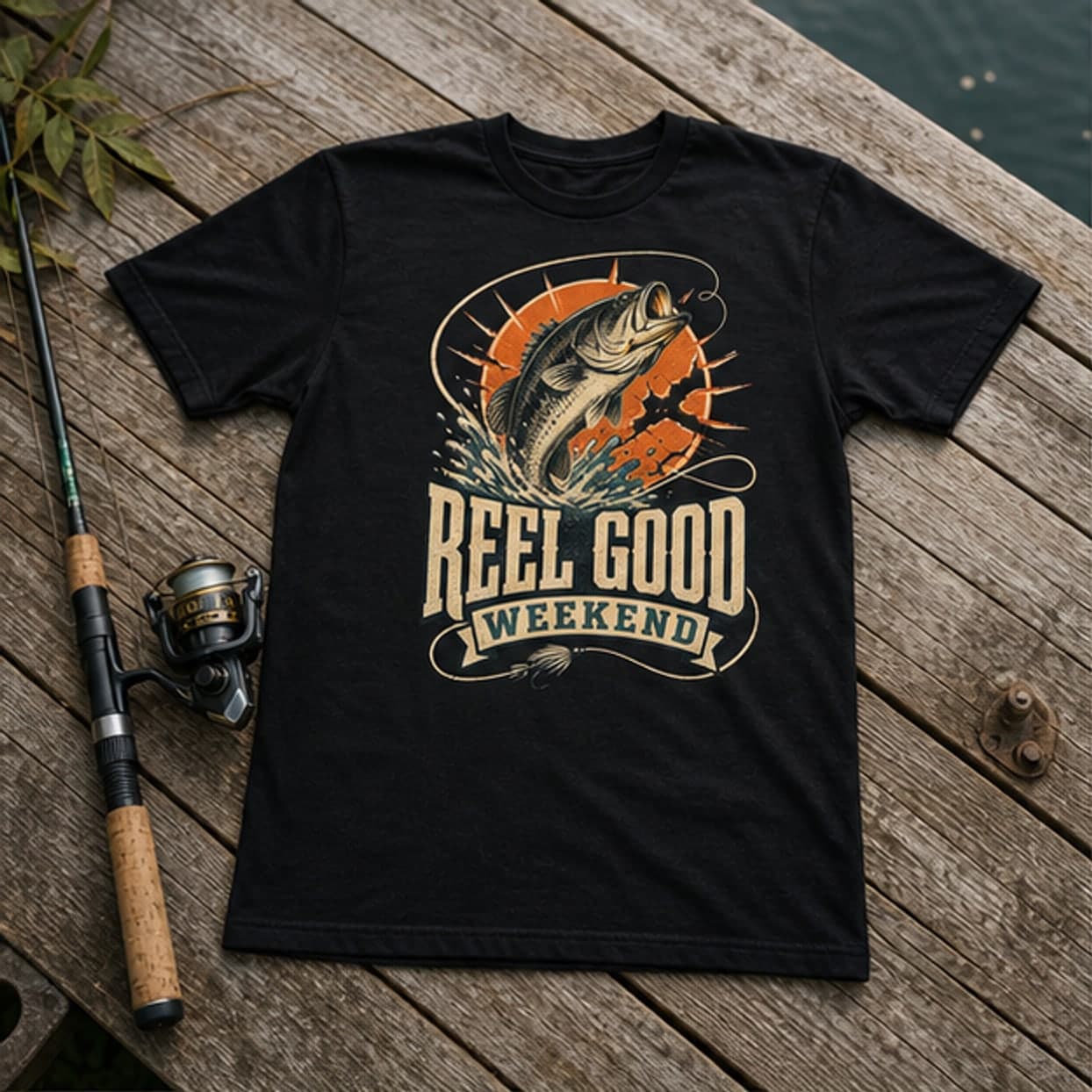 Reel Good Weekend fishing T-shirt on a lakeside dock