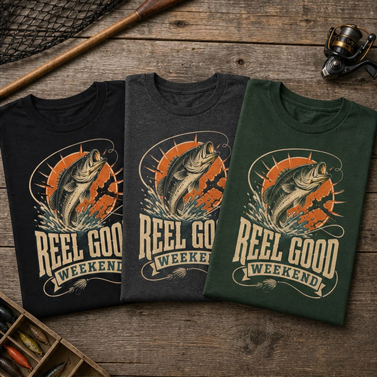 Fishing graphic T-shirt color options in black dark heather and forest green