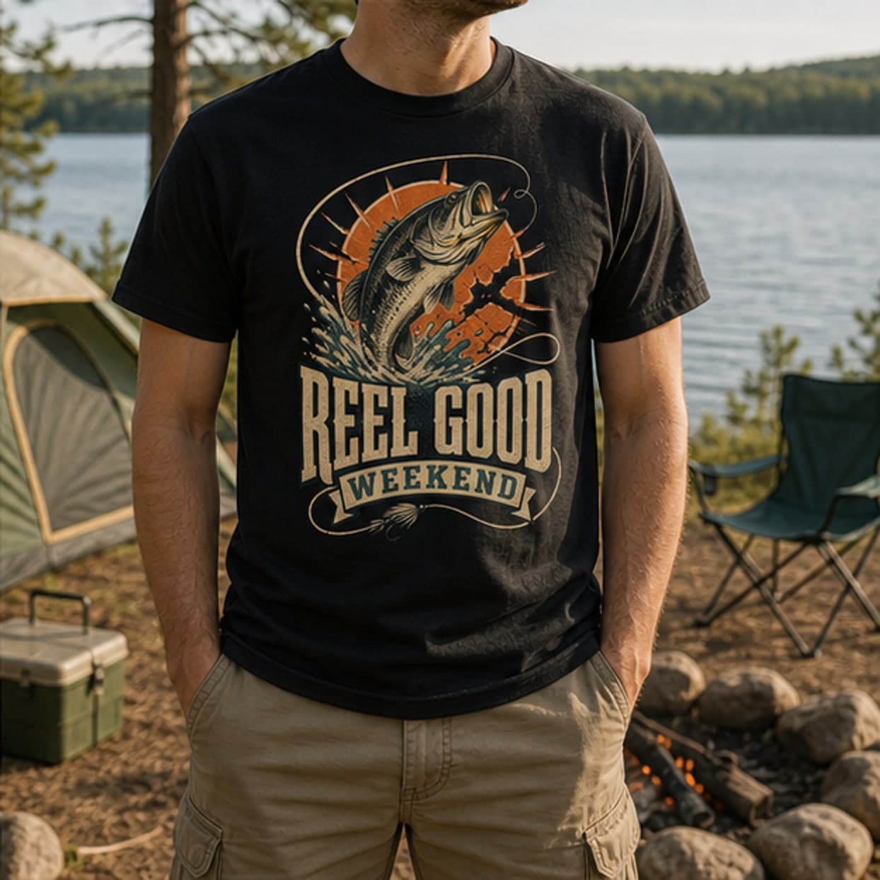 Angler wearing Reel Good Weekend shirt at a lakeside campsite