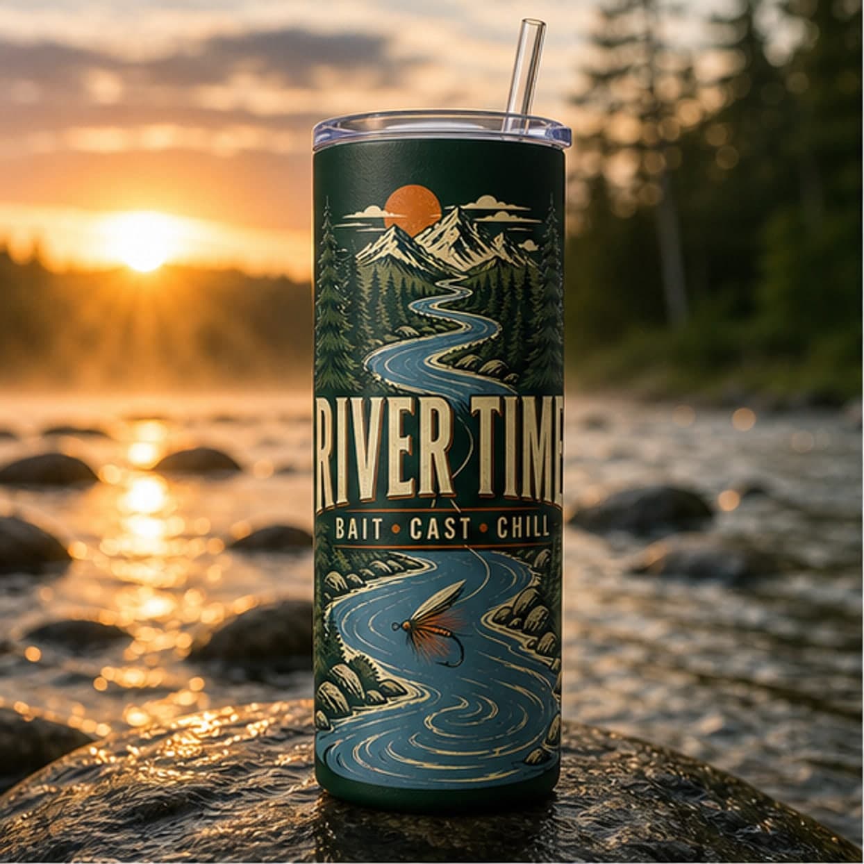 River Time fishing tumbler on a riverside rock