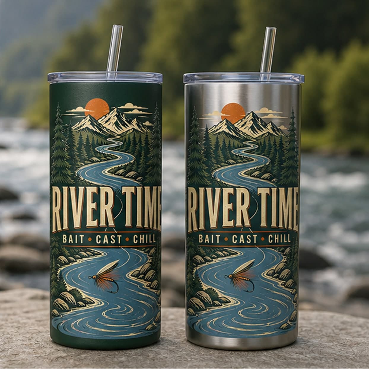 Forest green and stainless River Time tumbler options