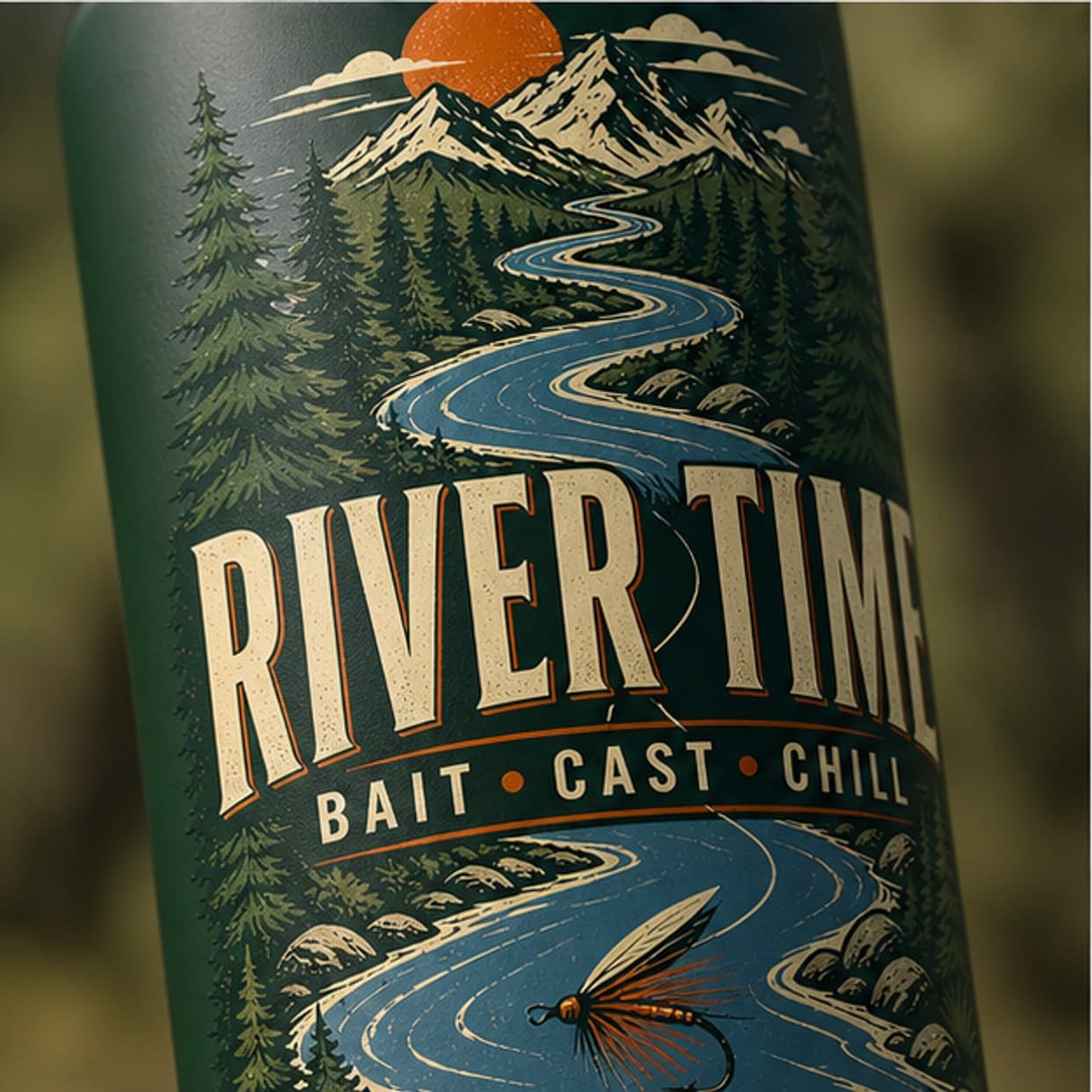 Close-up of winding river and fly lure tumbler artwork