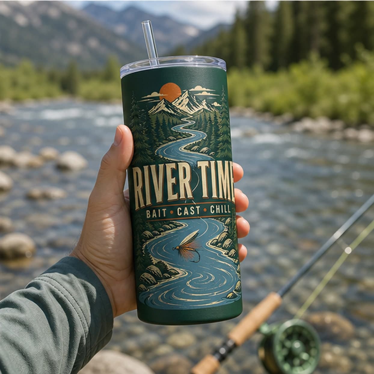 River Time tumbler held beside a mountain river