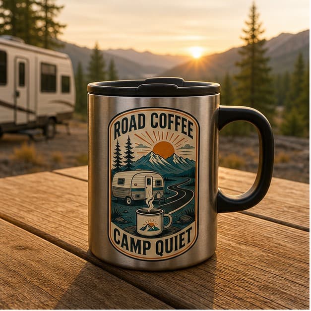 Road Coffee Camp Quiet travel mug at an RV campsite