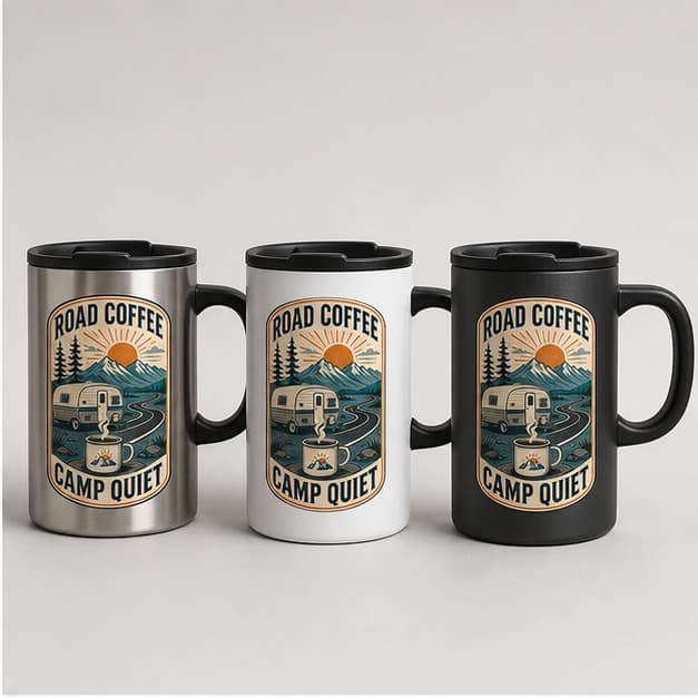 Stainless white and charcoal 14 oz RV travel mug options