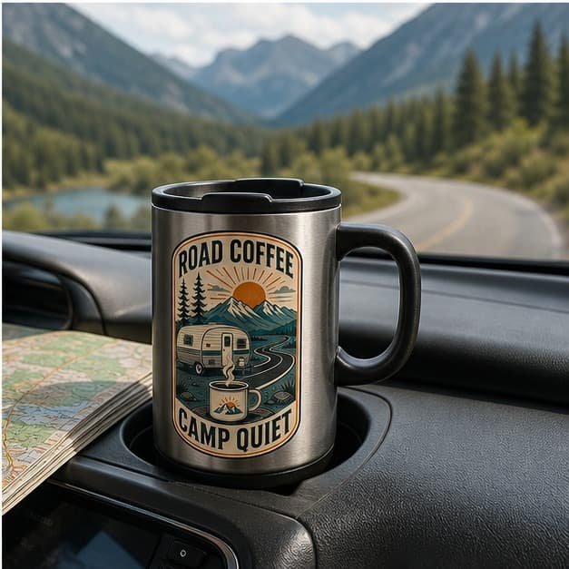 RV coffee travel mug in a generic vehicle cup holder