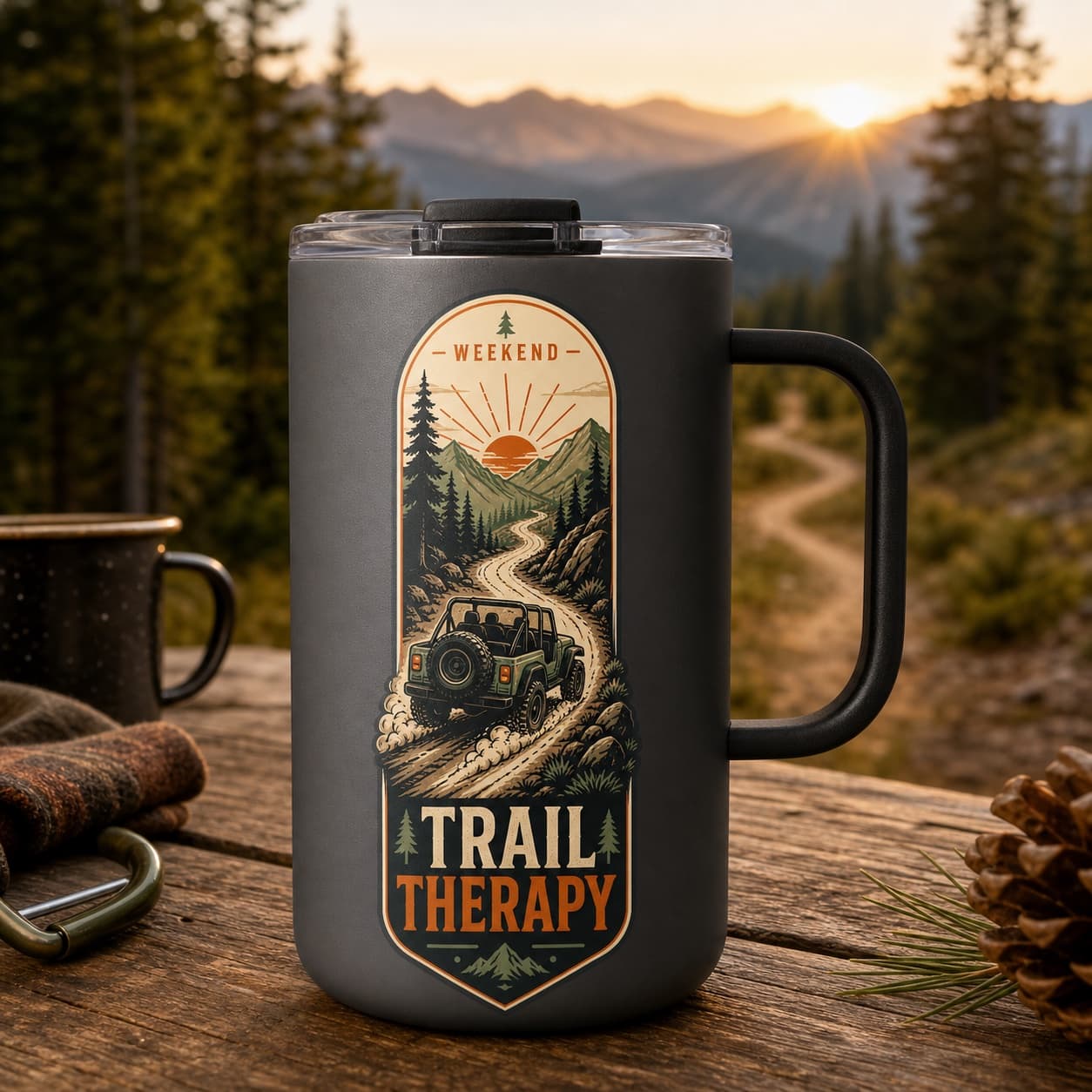 Weekend Trail Therapy travel mug at a mountain trail campsite