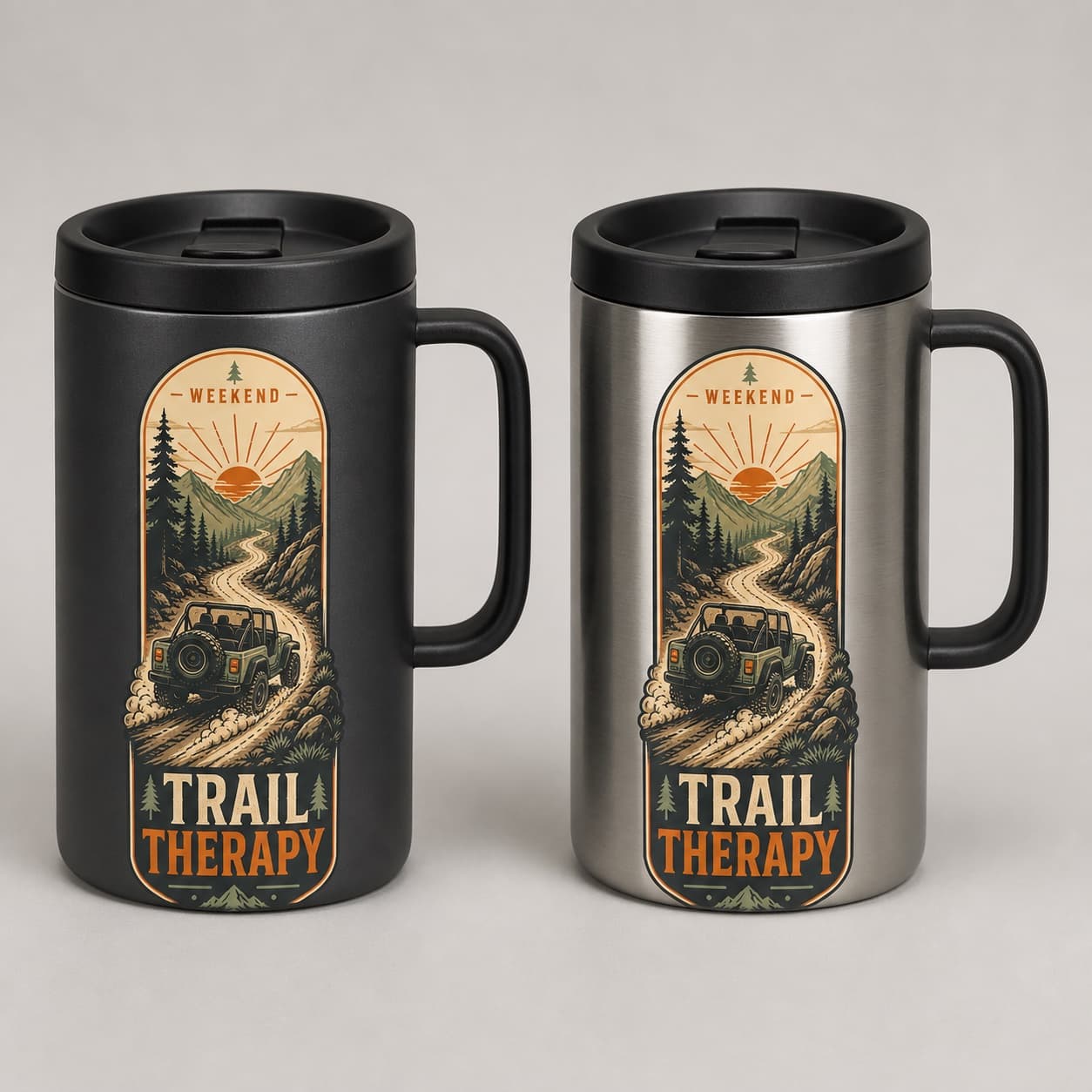Weekend Trail Therapy 14 oz travel mug in charcoal and stainless steel