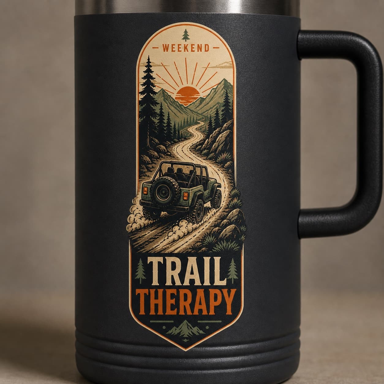 Close-up of the original Weekend Trail Therapy print on a travel mug