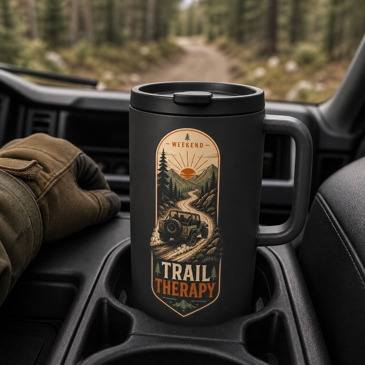 Handled travel mug seated in a generic vehicle cup holder on a forest trail