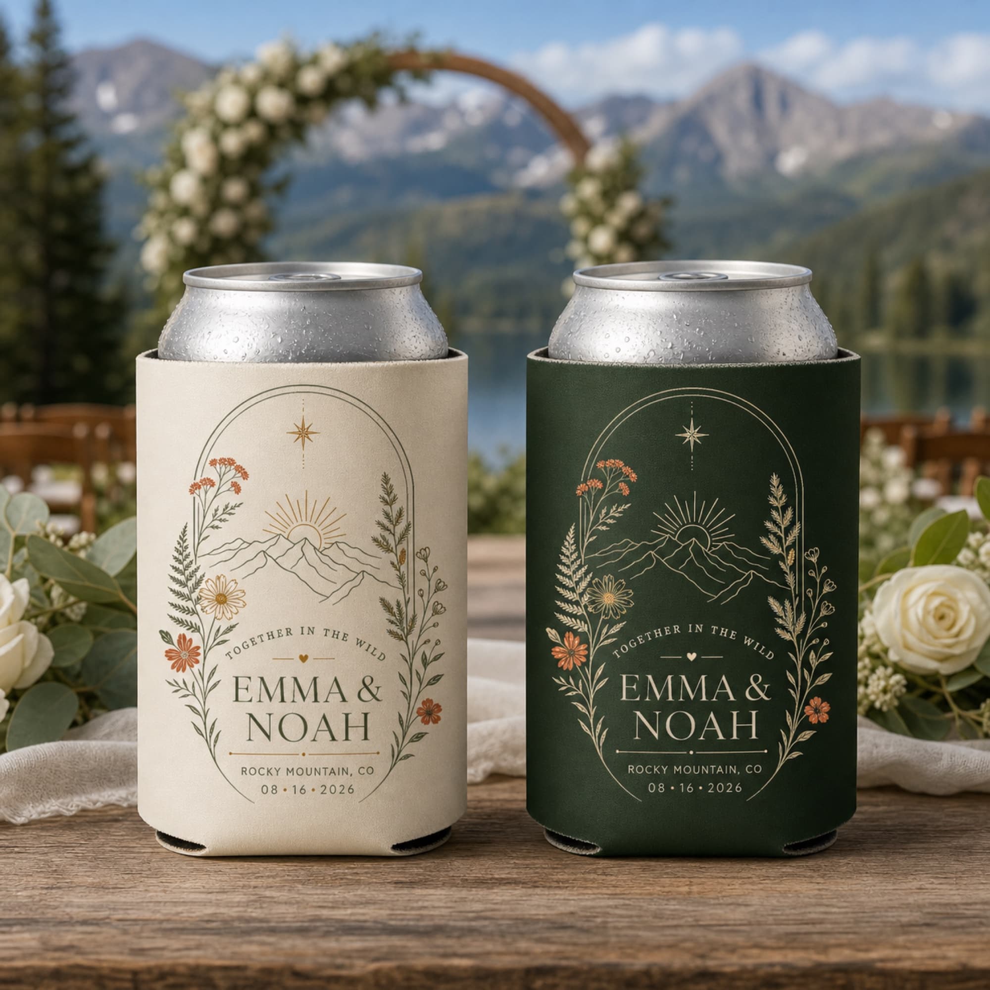 Personalized mountain wedding can coolers in ivory and forest green