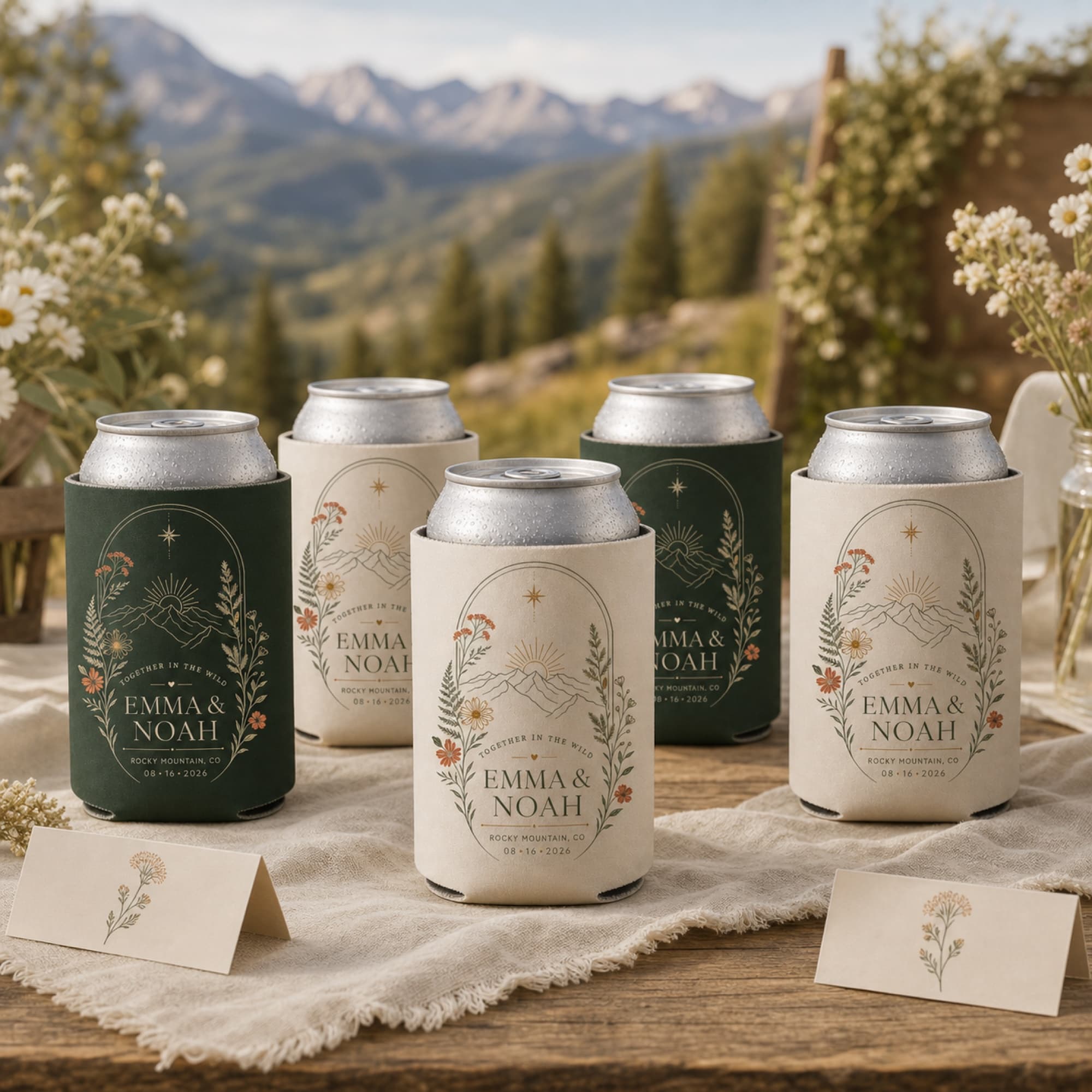 Rustic outdoor wedding favor can cooler set