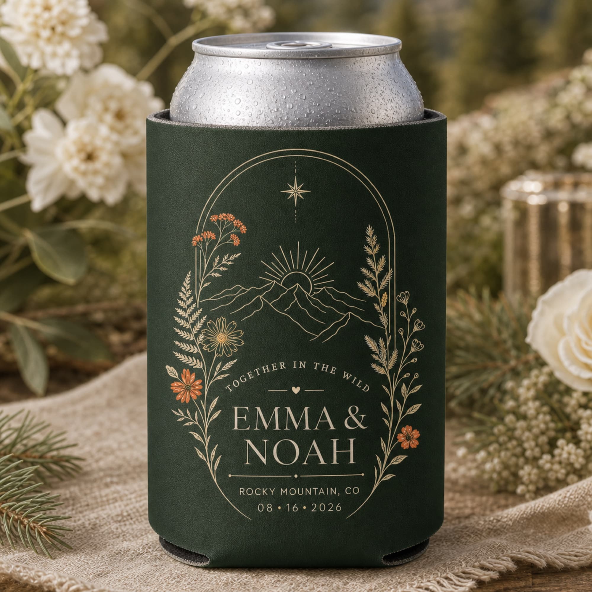 Forest green personalized mountain drink sleeve detail