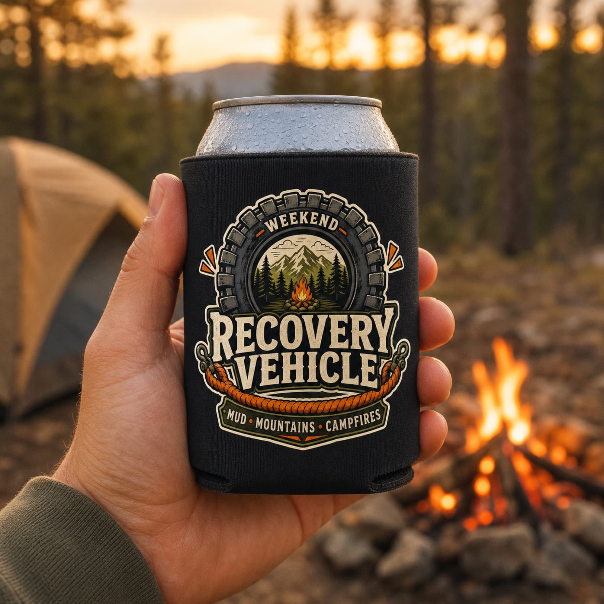 Funny 4x4 can cooler beside a campfire