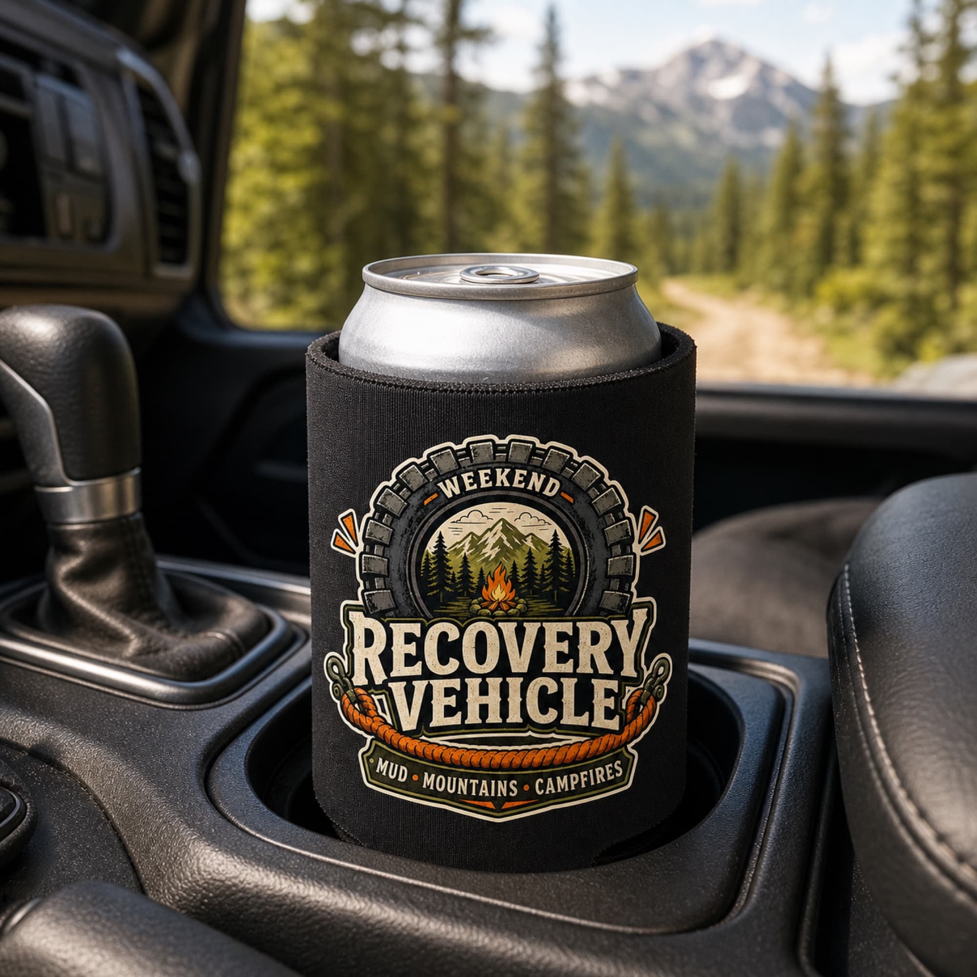 Off-road drink sleeve in a road trip cup holder