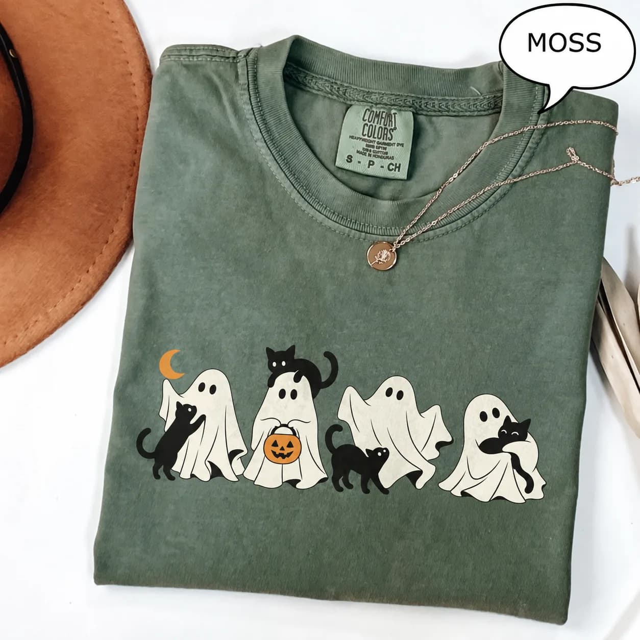 Comfort Colors® Ghost And Cat T-Shirt, Halloween Ghost Shirt, Halloween Cat Shirt, Cat Lower Halloween Gift, Spooky Season Cat Shirt