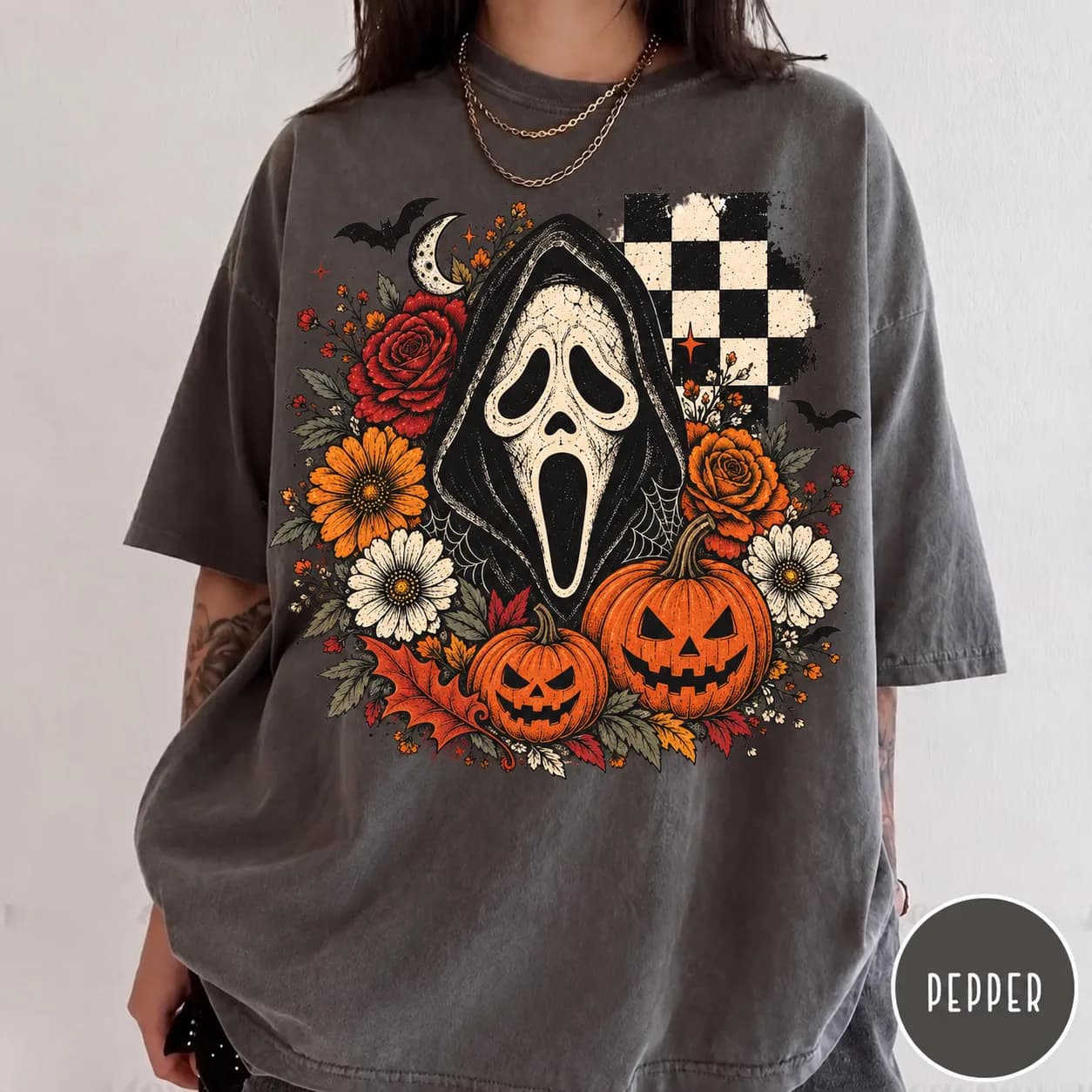 Comfort Colors® Ghostface Pumpkin Floral T-shirt, Retro Halloween Ghost Shirt, Halloween Pumpkin Tee Horror Shirt Spooky Season Graphic Tee