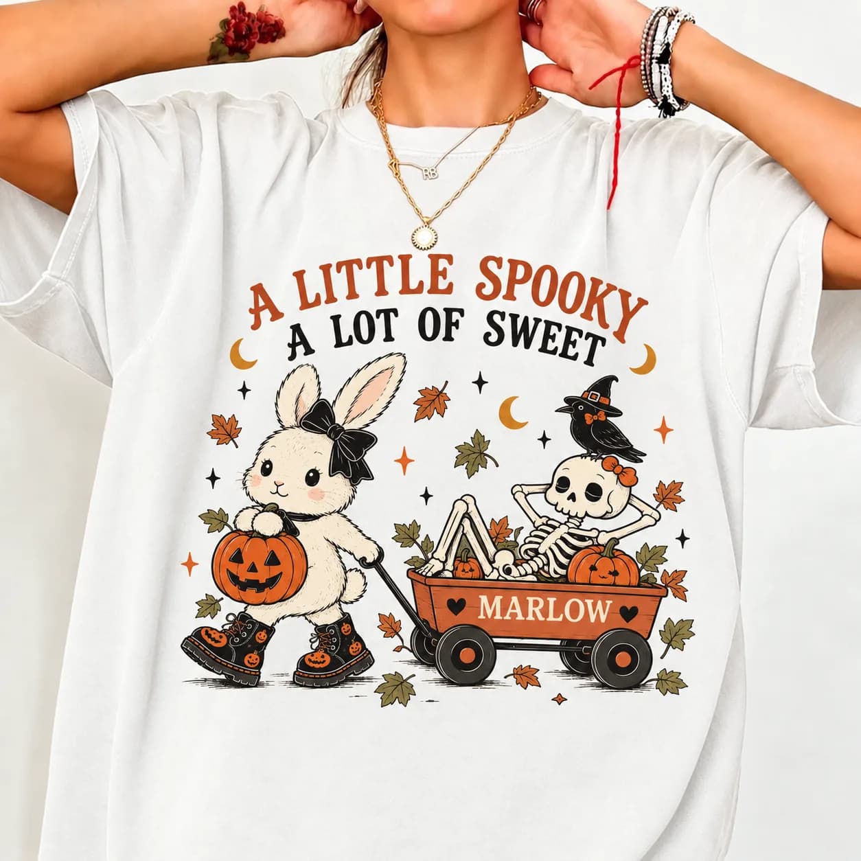 Custom Name Bunny Halloween Shirt, Just a Girl That Loves Halloween Tee, Cute Coquette Skeleton Wagon Personalized Spooky Season Gift