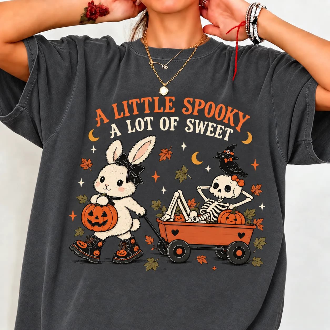 Custom Name Bunny Halloween Shirt, Just a Girl That Loves Halloween Tee, Cute Coquette Skeleton Wagon Personalized Spooky Season Gift